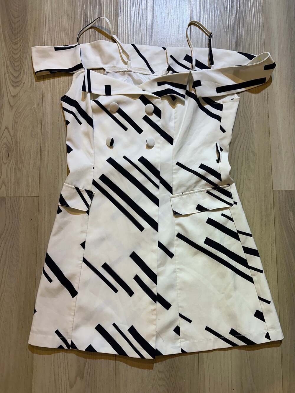 A.Peach Off Shoulder Abstract Geometric Blazer Dress Double Breasted White L